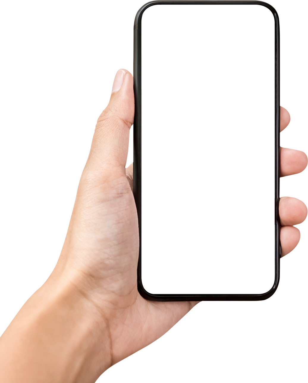 Hand holding mobile phone with empty screen mock up